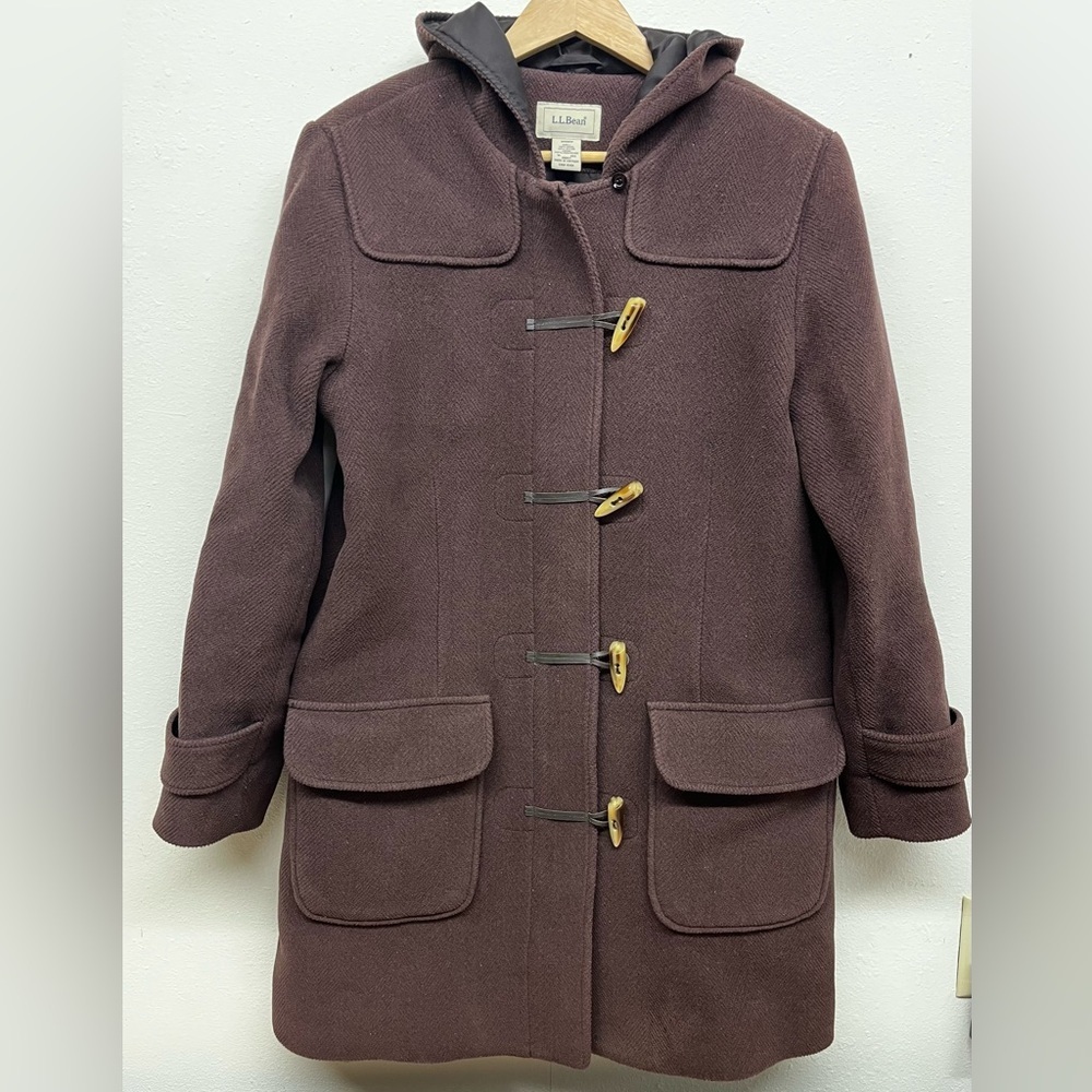L.L. Bean Women’s Medium Wool Blend Hooded Toggle Duffle Coat Plum